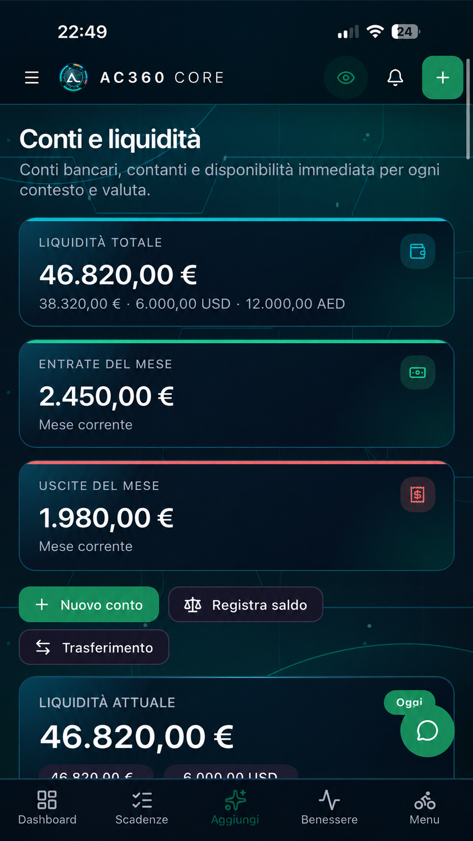 Conti e liquidità di AC360 Core su smartphone