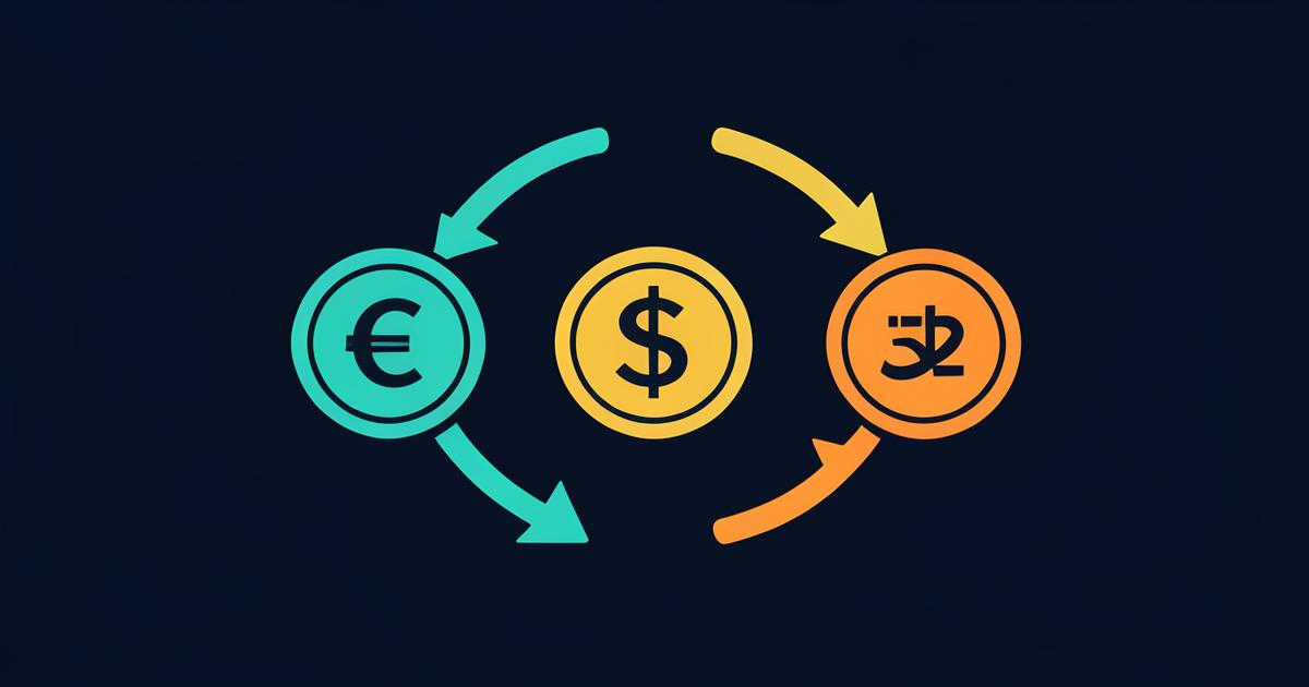 Monete di euro, dollaro e dirham collegate da frecce su sfondo scuro